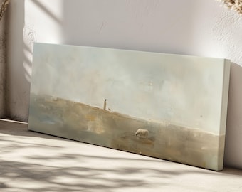 May include: A long, horizontal painting depicting a minimalist landscape with a single figure and a sheep in the distance. The sky is a pale blue with subtle brushstrokes, and the ground is a muted brown with hints of green. The painting has a serene and contemplative feel.