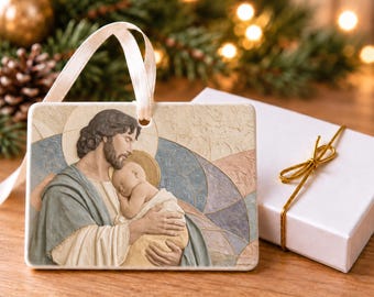 Saint Joseph and Baby Jesus Christmas Ornament, Pastel Printed Christian Ceramic Art, 4x3 Landscape Ornament with Gift Box, Joseph's Embrace