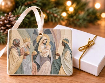 Three Wise Men and Jesus Christmas Ornament, Pastel Nativity Christian Ceramic Art, 4x3 Landscape Ornament with Gift Box, Gifts of Adoration