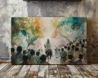 Jesus Riding into Jerusalem Canvas, Palm Sunday art, Jesus painting, Jesus Canvas, Jesus art, Jesus Watercolor Christian Bible Canvas Print