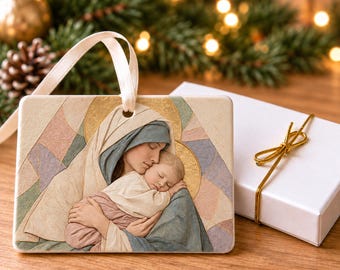 Mary and Baby Jesus Christmas Ornament, Pastel Christian Ceramic Art, 4x3 Landscape Ornament with Gift Box, Mary's Tender Love, Catholic Art