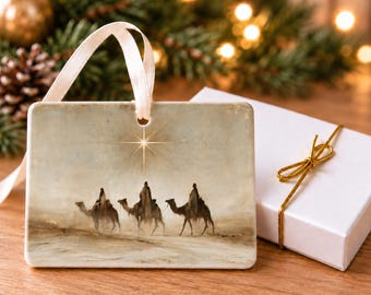 Three Wise Men Christmas Ornament, Neutral Christian Ceramic Art, 4x3 Landscape Ornament with Gift Box, Following the Star, Rustic Tree Gift