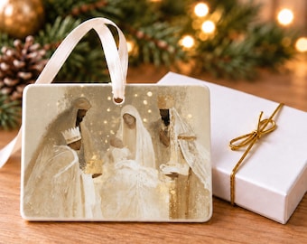 Nativity Christmas Ornament, Painterly Ivory Gold Ceramic Christian Art, 4x3 Landscape Ornament with Gift Box, Magi Religious Keepsake Gifts