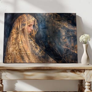 Canvas Maagd Maria - gouden canvasafdruk, religieuze kunst voor christelijk of katholiek huis, groot doek Maagd Maria, moderne religieuze kunst