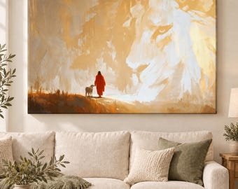 Jesus with Lamb and the Spirit of Judah Wall Art, Walk in His Light, Golden Christian Framed Canvas, Stretched Canvas or Matte Paper Print
