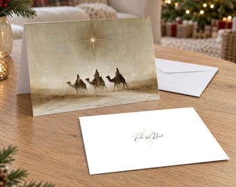 Personalized Three Wise Men Christmas Card, Minimalist Star of Bethlehem Art, Christian 5x7 Folded Holiday Cards with Envelopes, Family Name