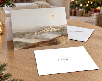 Personalized Bethlehem Christmas Cards, Minimalist Ivory and Gold Nativity Landscape, Christian 5x7 Folded Cards with Envelopes, Family Name