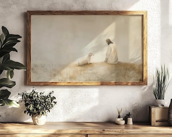 Jesus Leaves the 99 Quality Matte Print Tranquil Beige Minimalist Christian Home Decor Religious Wall Art Jesus and Sheep Wall Art LDS Art