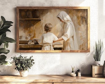 Jesus Helping Mother Mary Quality Matte Print Christian Oil Painting Print Jesus Cooking with Mary Wall Art Kitchen Christian Decor