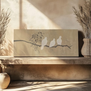 Three Doves Canvas Painting Print Wall Art Neutral Christian Decor Horizontal Matte Print Peace Dove Minimalist Faith Room Art Long Art