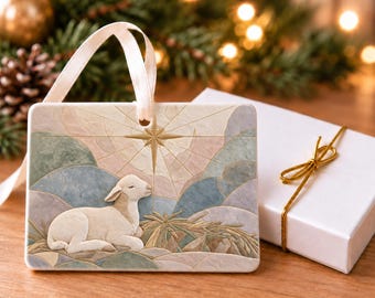 Lamb and Manger Christmas Ornament, Pastel Relief Style Christian Ceramic Art, 4x3 Landscape Ornament with Gift Box, Gentle Lamb, Faith Gift