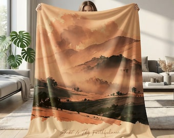 Manta de forro polar Sherpa con versículos bíblicos en acuarela Grande es tu fidelidad: arte de paisaje bíblico, pintura de acuarela en tonos cálidos, manta con versículos bíblicos