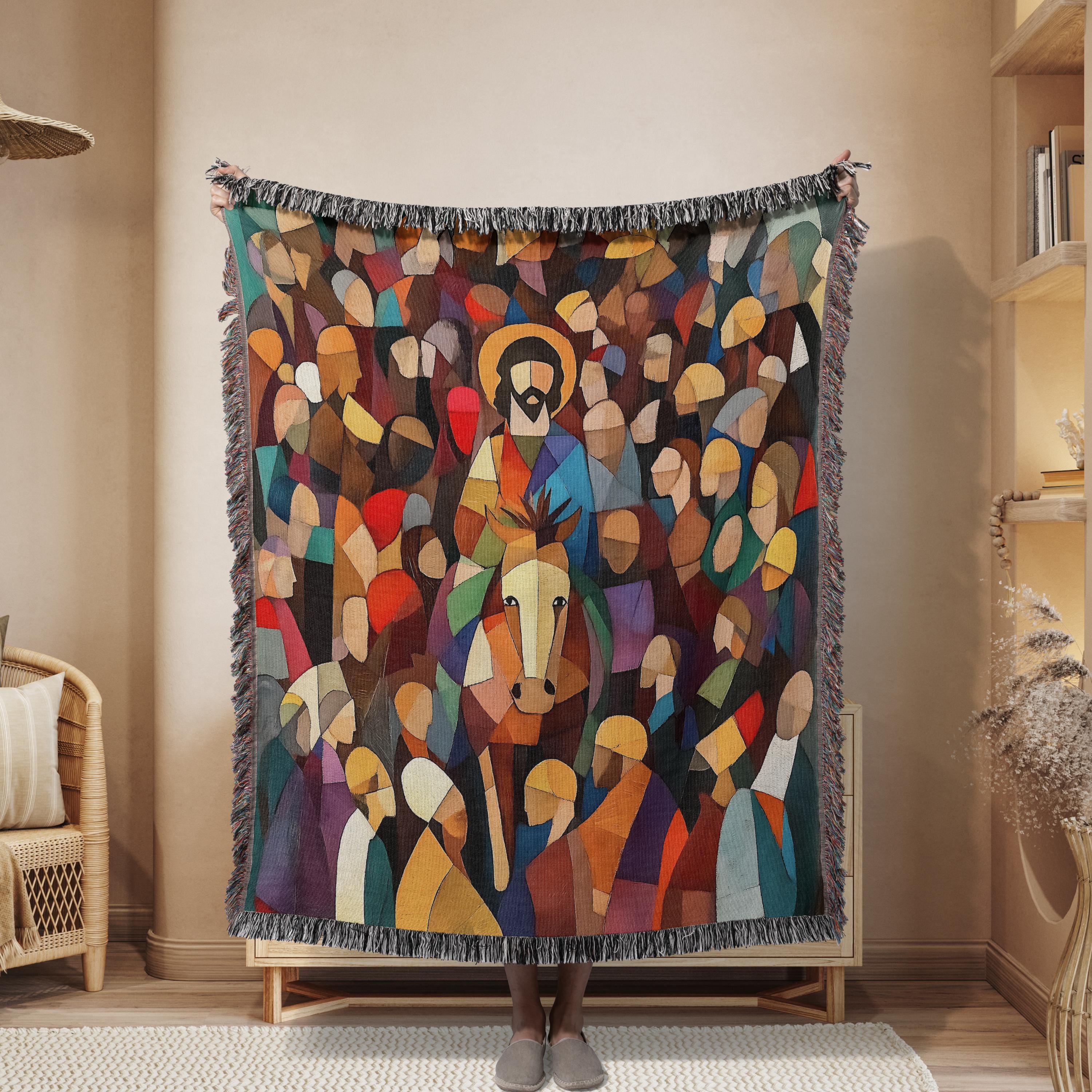 Sora8点 Christian Abstract Woven Blanket Jesus in Jeruselum Woven Blanket