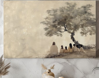 Puede incluir: Una pintura de un grupo de personas sentadas bajo un gran árbol. Las personas llevan todas túnicas blancas y miran hacia el lado opuesto al espectador. El fondo es de un color suave y apagado.