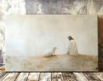 Jesus Leaves the 99 Parable Canvas Art, Tranquil Beige and White Christian Canvas Art, Christian Wall Decor, Jesus the Shepard Wall Art