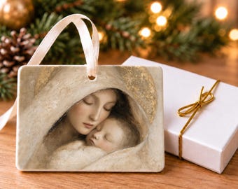 Mary and Baby Jesus Christmas Ornament, Ivory Christian Ceramic Art, 4x3 Landscape Ornament with Gift Box, A Mother's Love, Catholic Present