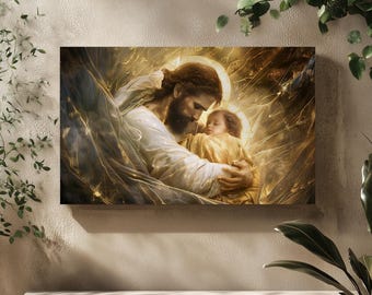 Joseph Holding Baby Jesus Gallery Wrapped Canvas Art, Religious Wall Art Christian Modern Painting Gold Christian Painting St. Joseph Art