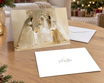 Personalized Three Wise Men Christmas Card, Painterly Ivory Gold Nativity Art, Christian 5x7 Folded Holiday Card with Envelopes, Family Name