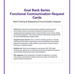Może przedstawiać: Biała karta z fioletowymi obramowaniami i tekstem "Goal Bank Series Functional Communication Request Cards". Karta zawiera informacje na temat szkolenia mand i pomocy komunikacyjnych, ze szczegółami dotyczącymi zastosowania klinicznego, odpowiedzi docelowych i sugestii dotyczących danych.