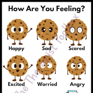 May include: A chart with cartoon cookies depicting different emotions: happy, sad, scared, excited, worried, and angry. The chart also includes a visual representation of how big the feeling is, using milk cartons of different sizes.