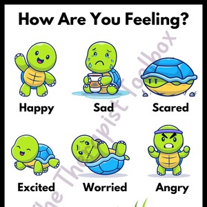 May include: A chart with cartoon turtles expressing different emotions: happy, sad, scared, excited, worried, and angry. The chart also includes a scale of seaweed to represent the intensity of each feeling.
