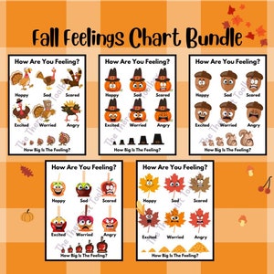 Puede incluir: Un conjunto de cinco gráficos educativos titulados "Fall Feelings Chart Bundle". Cada gráfico presenta ilustraciones de objetos con temática otoñal, como pavos, calabazas, bellotas, manzanas caramelizadas y hojas, que representan diversas emociones como feliz, triste y enfadado. Los gráficos están diseñados para ayudar a los niños a identificar sus sentimientos.