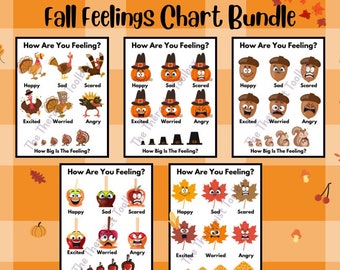 Cute Fall themed feelings chart bundle! Feelings chart for children, Emotions chart, Feelings activity, Autumn activity, Therapy worksheet
