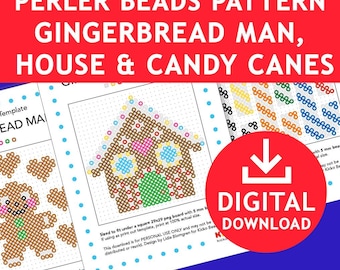 3x Weihnachtsdekoration Schablonen Kinder basteln Lebkuchenmann Haus Zuckerstangen Bügelperlen Bügelperlen Bügelperlen Hamamperlen Vorlagen für Weihnachten