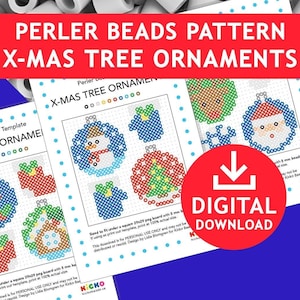 May include: Digital Perler bead pattern for Christmas tree ornaments. The design includes templates for various festive ornaments, such as a snowman, a Christmas tree, and a Santa Claus. The image features a red "Digital Download" button.