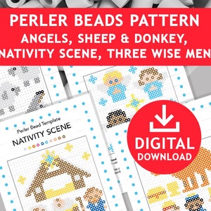 Könnte beinhalten: Digitale Perler-Perlenmuster für eine Krippenszene, einschließlich Engel, Schafe, Esel und die Heiligen Drei Könige. Die Muster sind für eine 29x29 Steckplatte mit 5 mm Perlen konzipiert. Der Text "DIGITALER DOWNLOAD" ist enthalten.