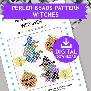 May include: A Perler bead pattern sheet with the text "PERLER BEADS PATTERN WITCHES". The sheet features designs of witches and pumpkins, along with a "DIGITAL DOWNLOAD" icon. The designs are made with colorful beads.