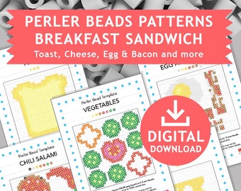Puede incluir: Descarga digital de patrones de cuentas Perler para un sándwich de desayuno. Los patrones incluyen tostadas, queso, huevo, tocino, salami picante y verduras. Los patrones están diseñados para usar con cuentas de 5 mm.