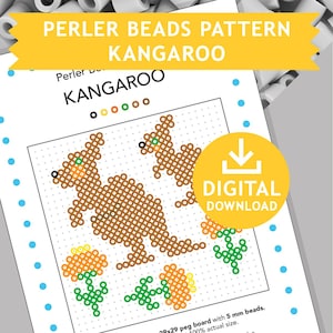 Könnte beinhalten: Ein digitaler Download-Muster für ein Känguru aus Perlen. Das Muster ist für eine 29x29-Noppenplatte und verwendet 5 mm Perlen. Das Muster enthält ein Känguru, ein Junges und zwei Blumen.