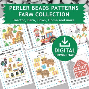 May include: Digital download of Perler bead patterns for a farm theme. The patterns include a tractor, barn, cows, hens, roosters, and more. The patterns are designed to be used with 5 mm Perler beads.