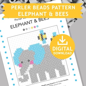 ELEPHANT AND BEES Decoration Hama Fuse Beads Pyssla Templates Tutorial Printable kids crafts Pattern Gift Cross Stitch Animal Melty Beads