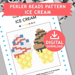 Puede incluir: Un patrón de descarga digital para hacer dos conos de helado usando cuentas Perler. El patrón incluye un cono de helado de chocolate y un cono de helado rojo, blanco y azul. El patrón es para una tabla de clavijas de 29x29 y utiliza cuentas de 5 mm.