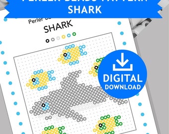 SHARK Perler Patterns, Sea Ocean Fish Hama Fuse Beads Pyssla Nabbi Templates Tutorial Printable Kids Children Craft