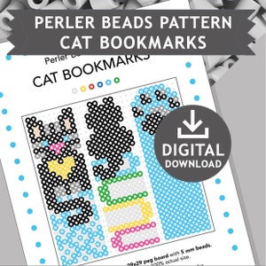 Könnte beinhalten: Ein digitaler Download-Muster zum Erstellen von Lesezeichen zum Thema Katze mit Perlen von Perler. Das Muster enthält drei Designs: eine Katze, einen Pfotenabdruck und eine Katze mit einem Fisch. Das Muster ist für eine 29x29-Noppenplatte mit 5 mm Perlen.