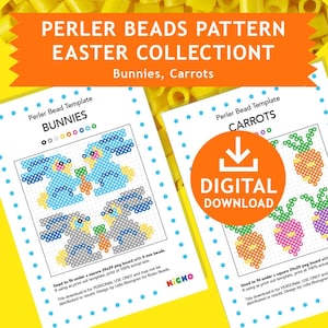 2x EASTER, Bunnies Carrots Decoration Hama Fuse Beads Pyssla Present Templates Tutorial Printable Craft Pattern Gift Kids Cross Stitch