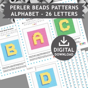 May include: Printable alphabet letter patterns for creating bead art using Perler beads. The letters A, B, C, and D are shown in yellow and white beads on a pink, blue, green, and light blue background. The letters are sized to fit a 29x29 peg board.