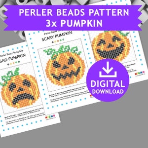 Puede incluir: Patrón imprimible para hacer tres decoraciones de Halloween con forma de calabaza usando cuentas Perler. Los patrones incluyen una calabaza de miedo, una calabaza triste y una calabaza feliz. Los patrones están diseñados para caber en una placa de clavijas de 29x29 con cuentas de 5 mm.