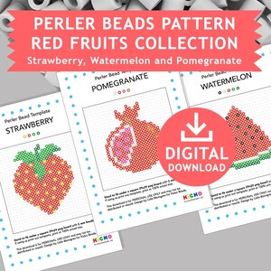 May include: A digital download of three Perler bead patterns for a strawberry, watermelon, and pomegranate. Each pattern is sized to fit a 29x29 pegboard with 5 mm beads. The patterns are designed for personal use only.
