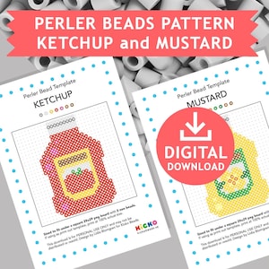 May include: A digital download pattern for creating ketchup and mustard bottles using Perler beads. The pattern is sized to fit a 29x29 peg board with 5 mm beads. The pattern includes a color key and instructions for creating the bottles.