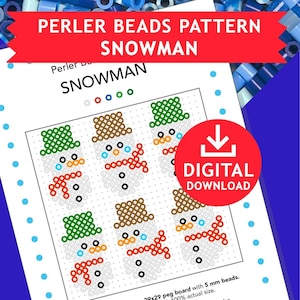 May include: A digital Perler bead pattern for a snowman design. The pattern features multiple snowman designs with green, brown, and orange details. The image includes the text "PERLER BEADS PATTERN SNOWMAN" and a "DIGITAL DOWNLOAD" icon.