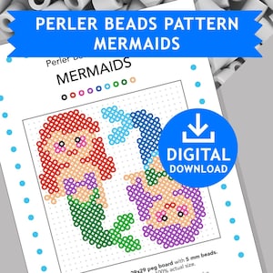 Puede incluir: Un patrón de descarga digital para hacer dos sirenas con cuentas Perler. El patrón incluye una clave de color e instrucciones para crear las sirenas en una tabla de clavijas de 29x29 usando cuentas de 5 mm.