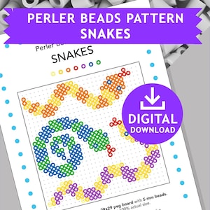 Könnte beinhalten: Ein druckbares Muster zum Herstellen von Schlangen mit Perlen von Perler. Das Muster zeigt drei Schlangen in verschiedenen Farben und Designs auf einer 29x29-Nagelplatte. Das Muster ist für 5 mm Perlen und ist 100% in Originalgröße.