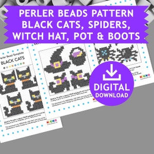 Op de afbeelding: Digitaal Perler-kralenpatroon met zwarte katten, spinnen, een heksenhoed, een pot en laarzen. Het ontwerp bevat sjablonen voor het maken van pixelkunst met Halloween-thema. De tekst "DIGITALE DOWNLOAD" is inbegrepen.