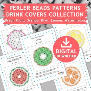 Pode incluir: Cinco padrões de contas Perler imprimíveis para capas de bebidas. Os padrões são para kiwi, melancia, limão, laranja e fruta do dragão. Os padrões são dimensionados para se ajustar a uma placa de pinos de 29x29 com contas de 5 mm. Os padrões são apenas para uso pessoal.
