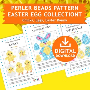 May include: Printable Perler bead patterns for Easter crafts. The patterns include a bunny, chicks, and eggs. The patterns are sized to fit a 29x29 pegboard. The download is for personal use only.