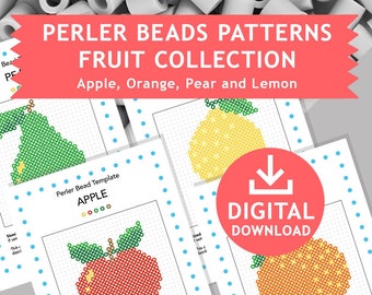May include: Digital download of four Perler bead patterns for fruit: apple, orange, pear, and lemon. Each pattern is sized to fit a 29x29 peg board with 5 mm beads.